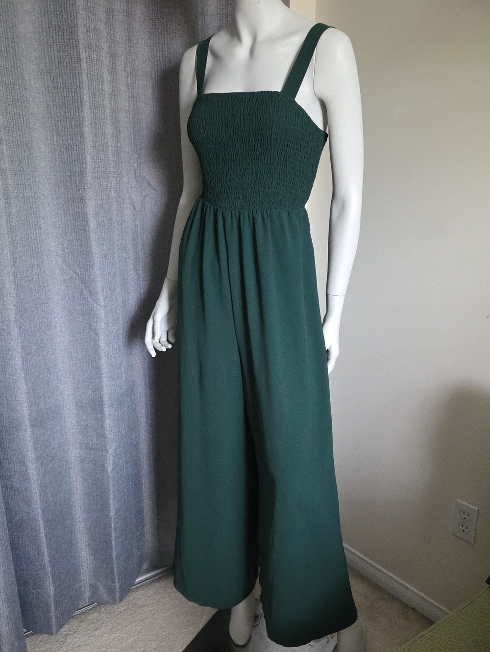 Smocked Wide-Leg Jumpsuit in Dark Emerald Green w Pockets